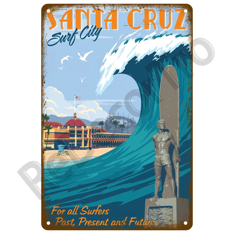 🌊 Plaque Métal Vintage Plage & Ville Côtière – Décoration Murale Rétro Estivale