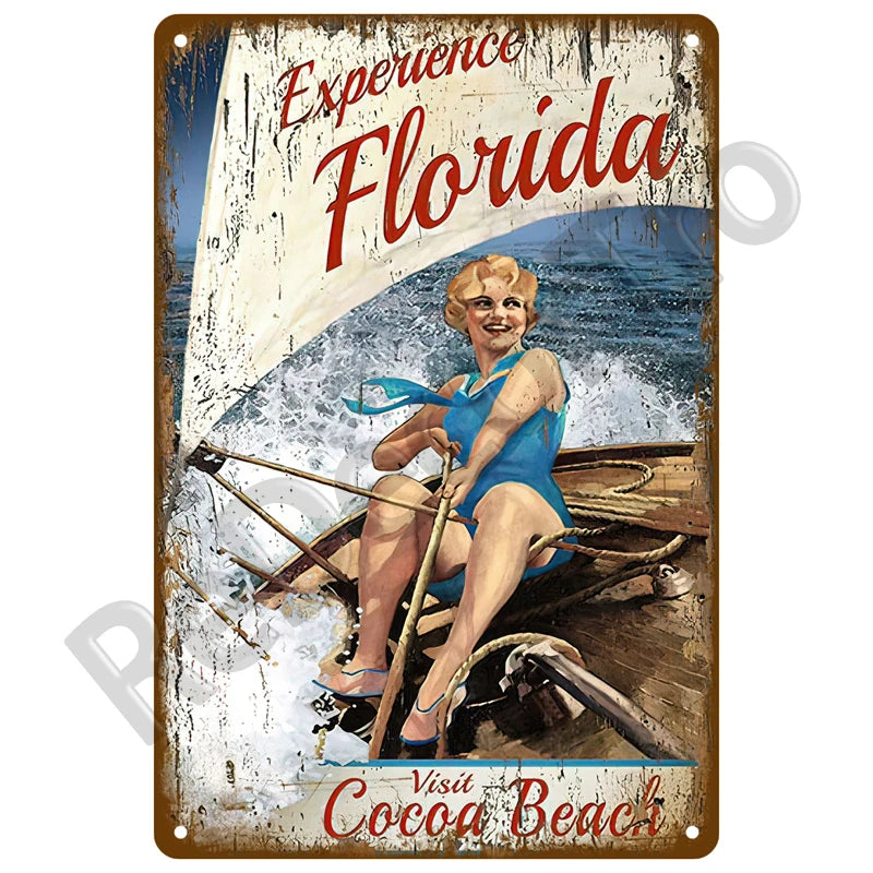 🌊 Plaque Métal Vintage Plage & Ville Côtière – Décoration Murale Rétro Estivale