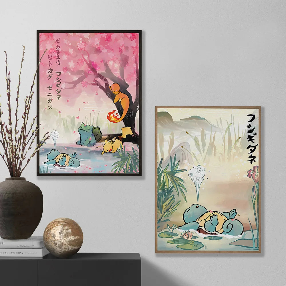 🌈 Poster Toile Style Anime Japonais – Créatures Mignonnes Aquarelle & Décoration Murale