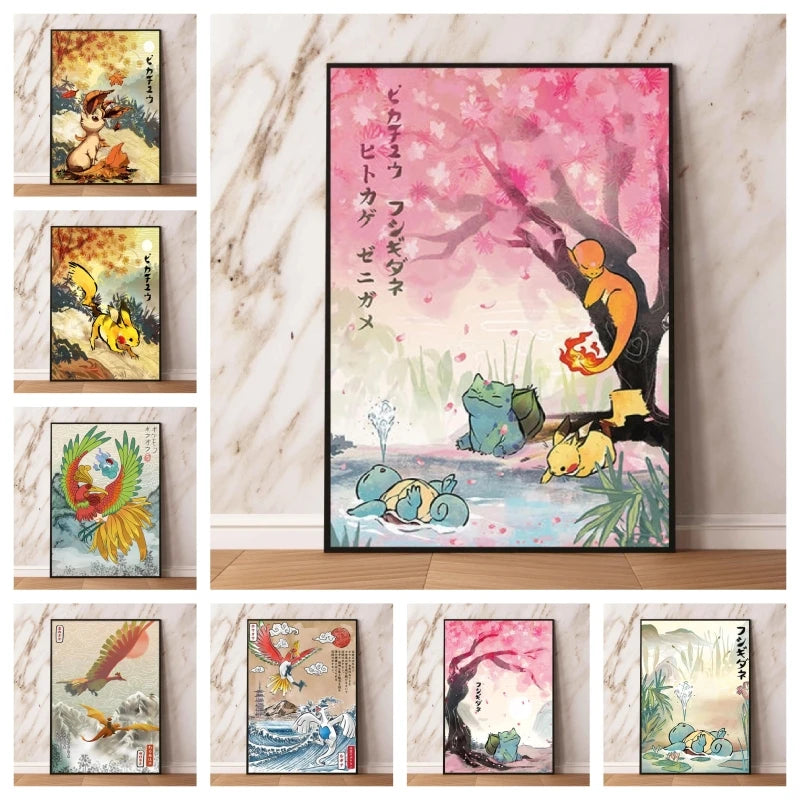 🌈 Poster Toile Style Anime Japonais – Créatures Mignonnes Aquarelle & Décoration Murale