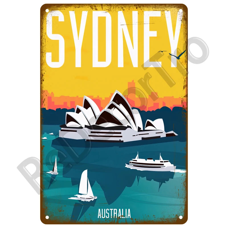 🌊 Plaque Métal Vintage Plage & Ville Côtière – Décoration Murale Rétro Estivale